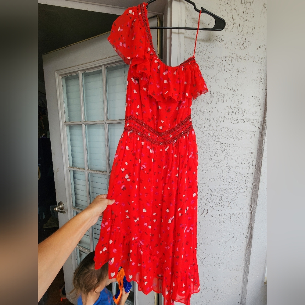 Joie Silk One-Shoulder Ruffle Red Floral Maxi Dress - Picture 6 of 14